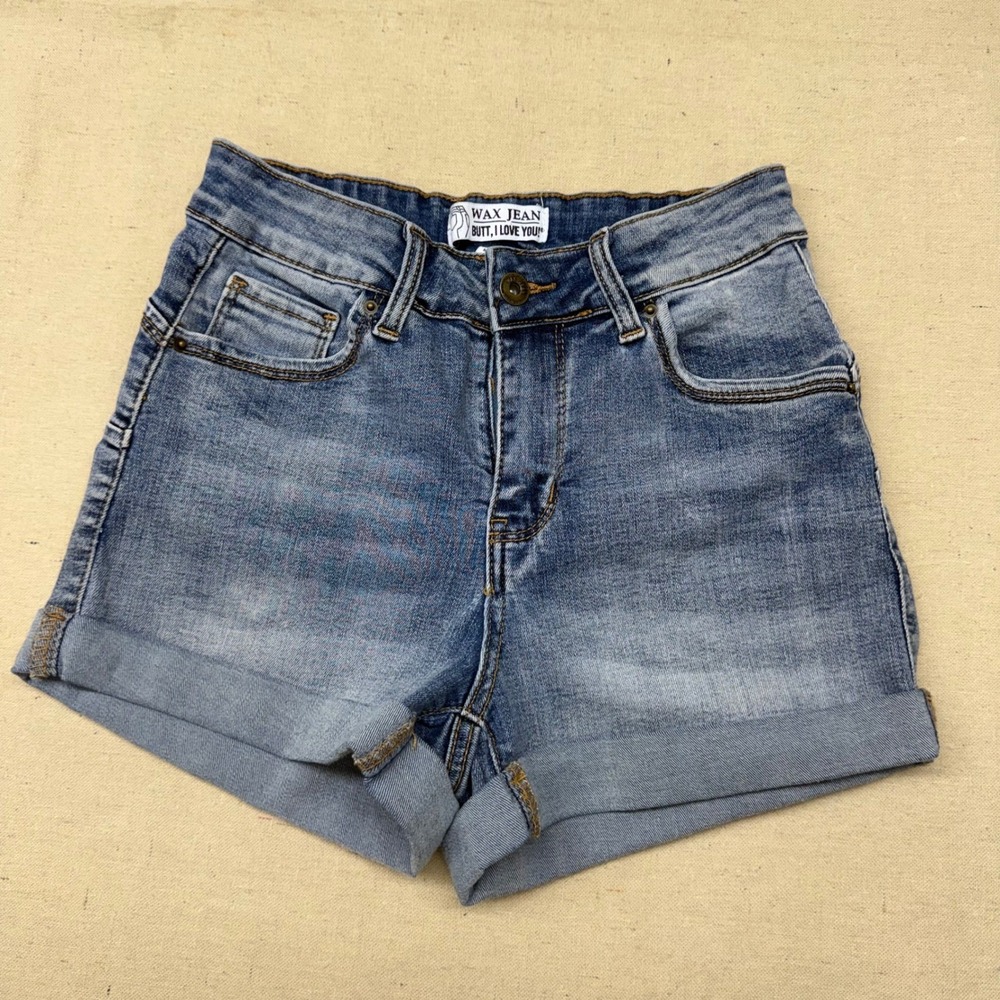 Wax Jean Butt I Love You Medium Wash Cuffed Denim Shorts Size S 90387